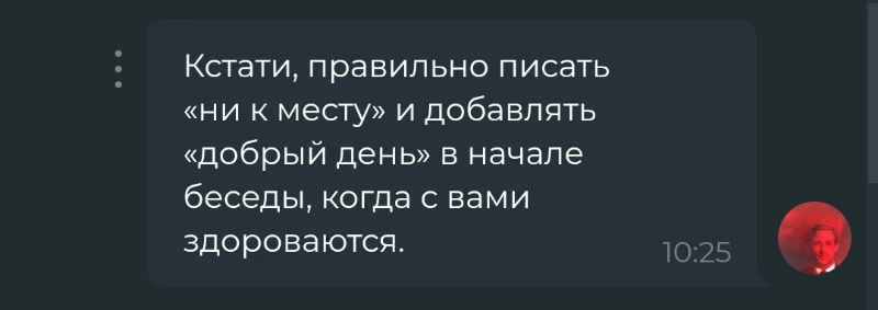 Ещё один язвительный укол с моей стороны. Практически никогда всерьёз не использую такие душные замечания, но в тот момент, почему-то очень захотелось Ещё один язвительный укол с моей стороны. Практически никогда всерьёз не использую такие душные замечания, но в тот момент, почему-то очень захотелось