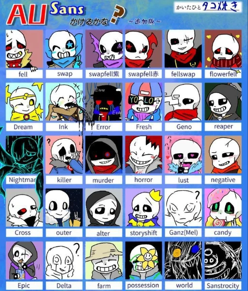 Тут будет МНОГО САНСОВ! Поэтому играть только если вы "шарите" за Undertale AU, причём ОЧЕНЬ Сильно!
(У них нет описания т.к. мне лень)