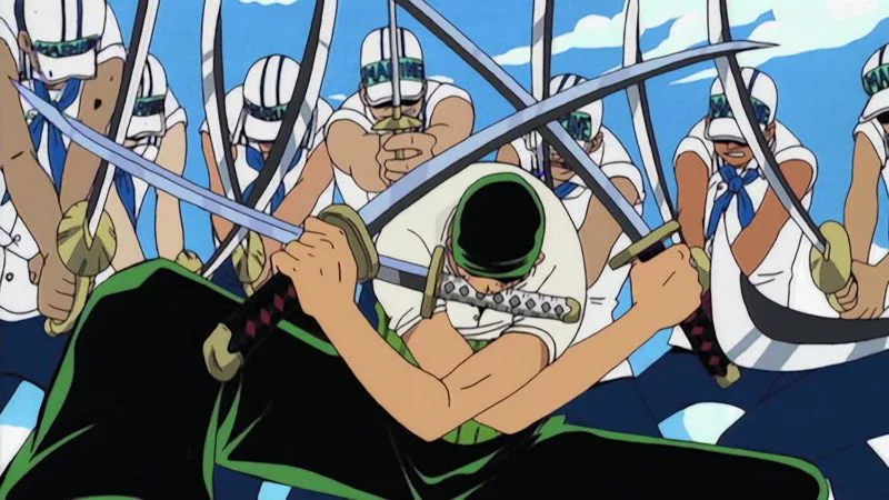 Не хотя, Зоро все же верит Луффи и они пытаются сбежать,но Морской Дозор по приказу Моргана, нападает на них - но им удается сдержать натиск и Луффи встречается лицом к лицу с Морганом и в нелегкой борьбе Луффи побеждает его.Местный Морской Дозор - который считал Моргана тираном,закрывают глаза на преступления и бой,в обмен, что они покинут остров.После спасения Луффи,Зоро и Хельмеппо ненадолго остаются в доме Рики(девочки которая помогала Зоро выжить и которую он в том числе защитил ударив Хельмеппо).Перед отплытием, Коби говорит, что не хочет быть пиратом,он хочет быть Дозорным - Луффи понимает это и устраивает драку перед дозорными,чтобы они подумали, что Коби не пират и его приняли бы в Морской Дозор и это сработала,но его как новичка определили в самый низ Дозора,где теперь вместе с ним Хельмеппо,которому пришлось вступить в Дозор.Луффи в этот момент отчалил на шлюпке Альвиды с Зоро,искать следующих союзников. Не хотя, Зоро все же верит Луффи и они пытаются сбежать,но Морской Дозор по приказу Моргана, нападает на них - но им удается сдержать натиск и Луффи встречается лицом к лицу с Морганом и в нелегкой борьбе Луффи побеждает его.Местный Морской Дозор - который считал Моргана тираном,закрывают глаза на преступления и бой,в обмен, что они покинут остров.После спасения Луффи,Зоро и Хельмеппо ненадолго остаются в доме Рики(девочки которая помогала Зоро выжить и которую он в том числе защитил ударив Хельмеппо).Перед отплытием, Коби говорит, что не хочет быть пиратом,он хочет быть Дозорным - Луффи понимает это и устраивает драку перед дозорными,чтобы они подумали, что Коби не пират и его приняли бы в Морской Дозор и это сработала,но его как новичка определили в самый низ Дозора,где теперь вместе с ним Хельмеппо,которому пришлось вступить в Дозор.Луффи в этот момент отчалил на шлюпке Альвиды с Зоро,искать следующих союзников.