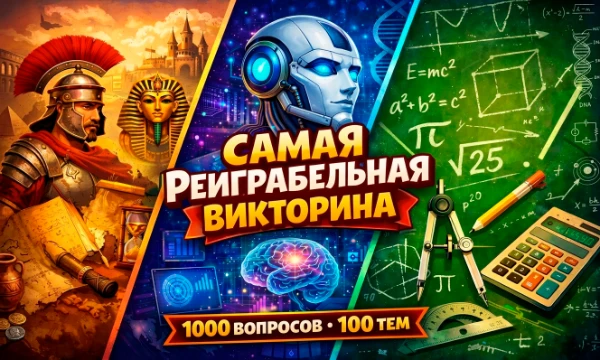 Определенно самая ультимативная и универсальная викторина на сайте. Внутри лежит 1000 вопросов и 100 тематик. За раз попадается 10 вопросов, что повышает реиграбельность до космического уровня.