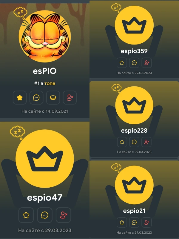 Помимо нашего любимого esPIO и espiofan там было ещё четыре аккаунта- все поразительно похожи. Помимо нашего любимого esPIO и espiofan там было ещё четыре аккаунта- все поразительно похожи.