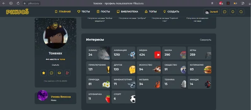 Топ-2 занимают сразу два пользователя, которые прошли 24 моих теста. Первый у нас Toxexex, у которого на счету 16 пройденных тестов по аниме, 2 по фильмам и мультам, 6 по другим темам. Топ-2 занимают сразу два пользователя, которые прошли 24 моих теста. Первый у нас Toxexex, у которого на счету 16 пройденных тестов по аниме, 2 по фильмам и мультам, 6 по другим темам.