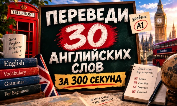 Проверь свой базовый английский! Тебе предстоит перевести 30 английских слов уровня A1, а на все дается всего 300 секунд. Сможешь справиться со всеми словами до окончания времени?