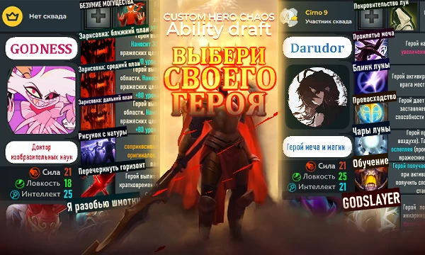 Срази друг против друга 32-х персонажей с измененными способностями! У каждого 7 способностей, кастомные названия, описания и свой скрытый лор основанный на пользователях. Выбери своего на +25 ммр