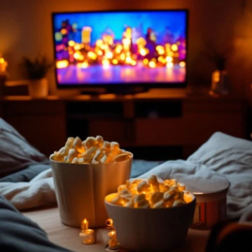 уютный вечер с чашкой чая и фильмом на большом экране