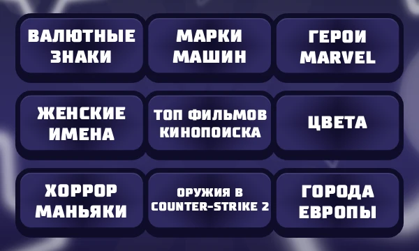 Всё в перемешку. Я там тебе несколько тем, например "Фильмы", "Женские имена" или Города, и твоя задача дать как можно больше ответов для каждой категории. Голову сносит с этого теста 🤯
