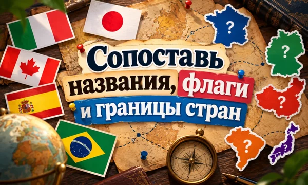 Проверьте свои знания в географии, сопоставляя флаги стран с их названиями, границы стран с их флагами, а также названия стран с их границами