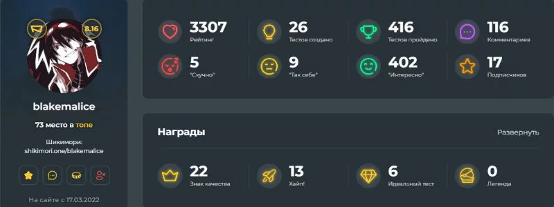Я посчитал, что было бы не особо честно добавлять своего друга в топ, но не упомянуть я его просто не могу. Само собой я проходил все его тесты). Огромное количество самых разных и самое главное уникальных аниме турниров. Я посчитал, что было бы не особо честно добавлять своего друга в топ, но не упомянуть я его просто не могу. Само собой я проходил все его тесты). Огромное количество самых разных и самое главное уникальных аниме турниров.
