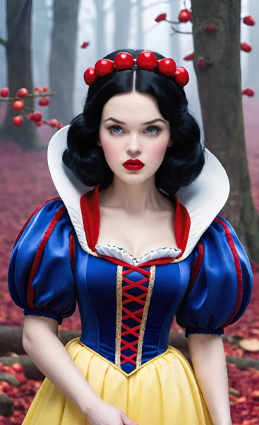 Использовала Dream by Wombo. У Белоснежки бывают косые глаза, 2 руки или 7 пальцев на руке. Белоснежка не только с черными волосами, но и с рыжими, белыми и синими. Нейросеть развлекается)