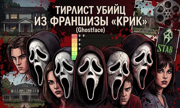 Оцениваем всех убийц под маской Призрачного лица из фильмов «Крик». Кто из них был самым утончённым, а кто действовал глупо? Заполни тирлист и определи лучших!