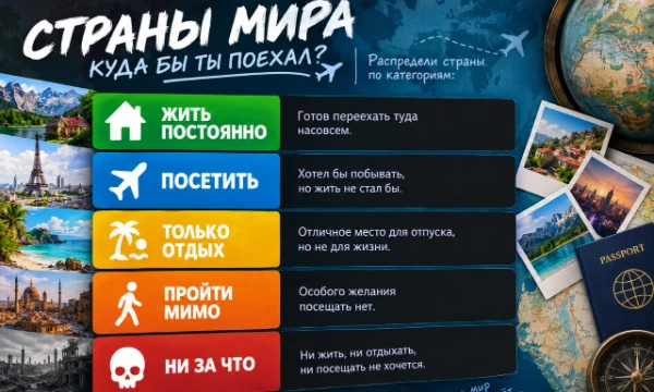 🌍 Страны мира — куда бы ты поехал? Распредели страны по пяти категориям: Жить, посетить, только отдых, пройти мимо, ни за что.